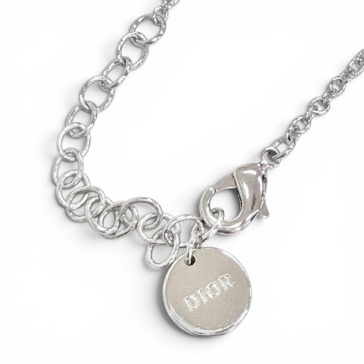 Excellent DIOR Necklace CD logo, ribbon motif, rhinestones, faux pearls Silver