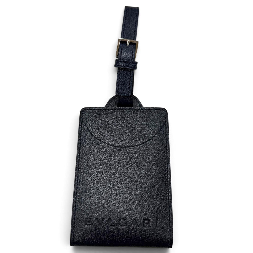 Excellent BVLGARI Bag charm Embossed logo nameplate name tag Navy leather mens
