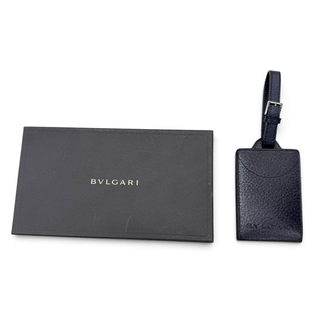 Excellent BVLGARI Bag charm Embossed logo nameplate name tag Navy leather mens