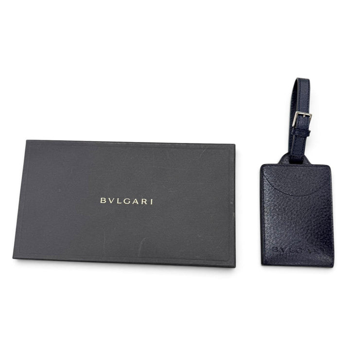 Excellent BVLGARI Bag charm Embossed logo nameplate name tag Navy leather mens