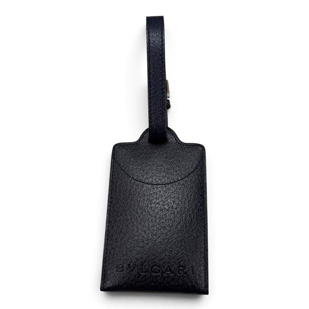 Excellent BVLGARI Bag charm Embossed logo nameplate name tag Navy leather mens