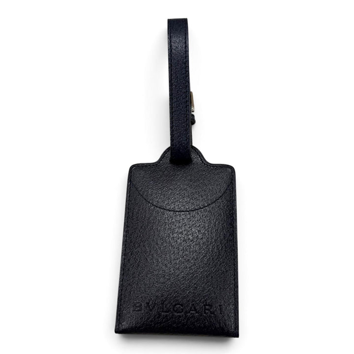 Excellent BVLGARI Bag charm Embossed logo nameplate name tag Navy leather mens