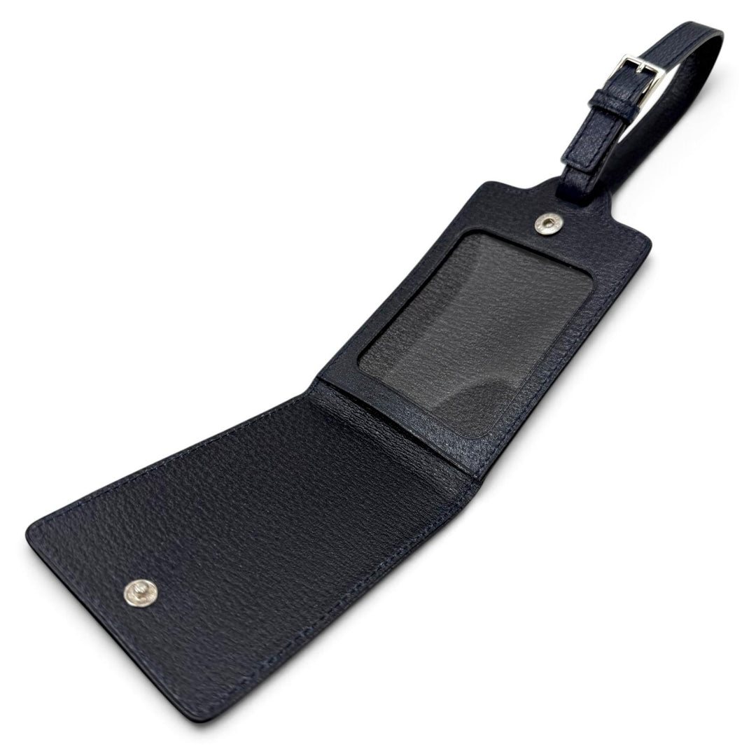 Excellent BVLGARI Bag charm Embossed logo nameplate name tag Navy leather mens