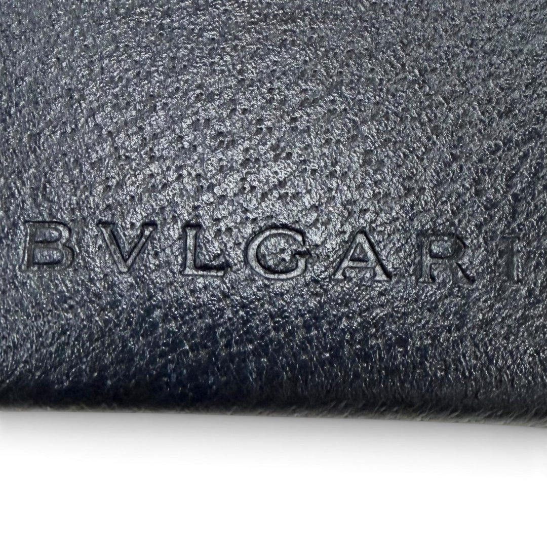 Excellent BVLGARI Bag charm Embossed logo nameplate name tag Navy leather mens