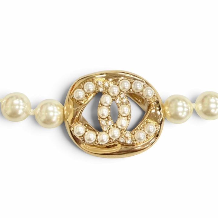Excellent CHANEL COCO Mark Pearl Choker Necklace Accessory gold B24A ABD727