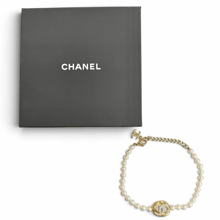Excellent CHANEL COCO Mark Pearl Choker Necklace Accessory gold B24A ABD727