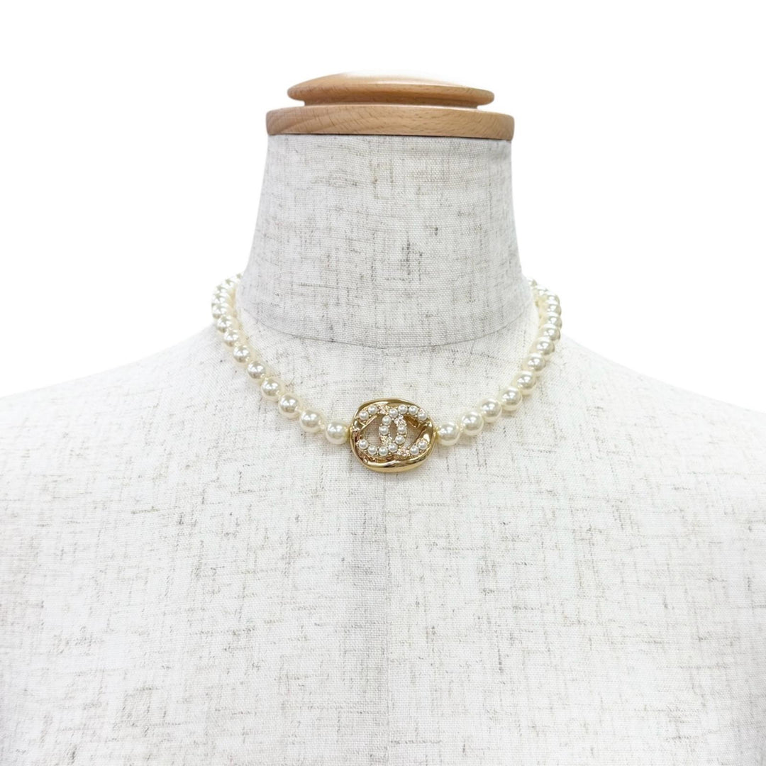 Excellent CHANEL COCO Mark Pearl Choker Necklace Accessory gold B24A ABD727