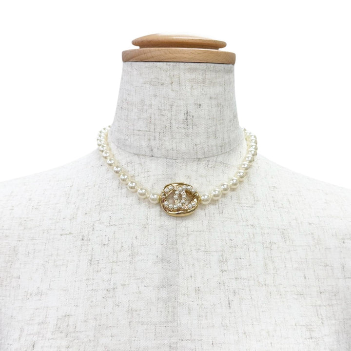 Excellent CHANEL COCO Mark Pearl Choker Necklace Accessory gold B24A ABD727