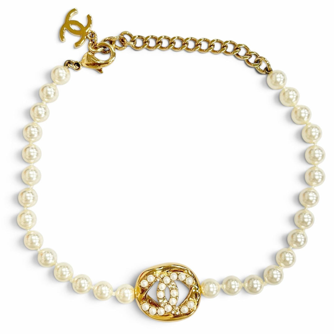 Excellent CHANEL COCO Mark Pearl Choker Necklace Accessory gold B24A ABD727
