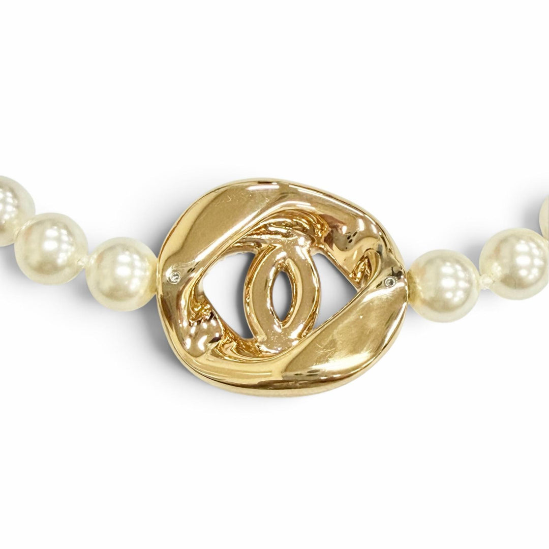Excellent CHANEL COCO Mark Pearl Choker Necklace Accessory gold B24A ABD727