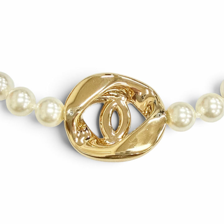 Excellent CHANEL COCO Mark Pearl Choker Necklace Accessory gold B24A ABD727