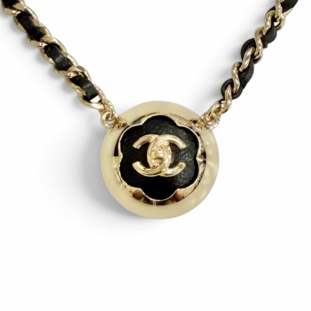 Great CHANEL Necklace COCO Mark Camellia Leather Chain gold leather Women B25A