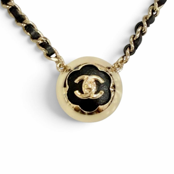 Great CHANEL Necklace COCO Mark Camellia Leather Chain gold leather Women B25A