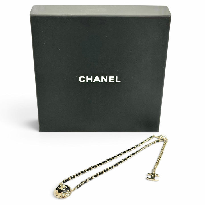 Great CHANEL Necklace COCO Mark Camellia Leather Chain gold leather Women B25A