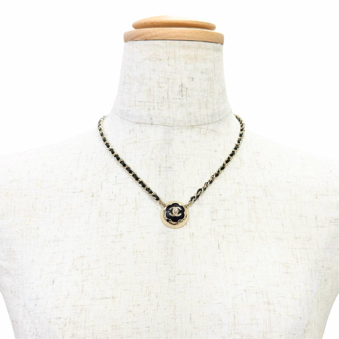 Great CHANEL Necklace COCO Mark Camellia Leather Chain gold leather Women B25A