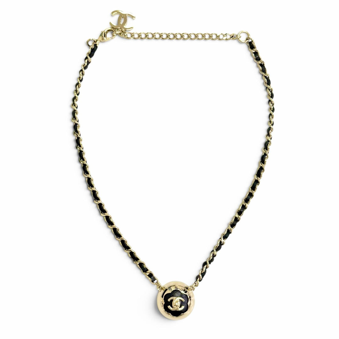 Great CHANEL Necklace COCO Mark Camellia Leather Chain gold leather Women B25A
