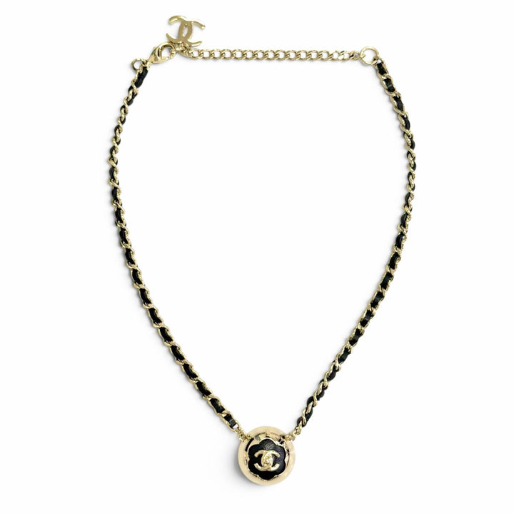 Great CHANEL Necklace COCO Mark Camellia Leather Chain gold leather Women B25A