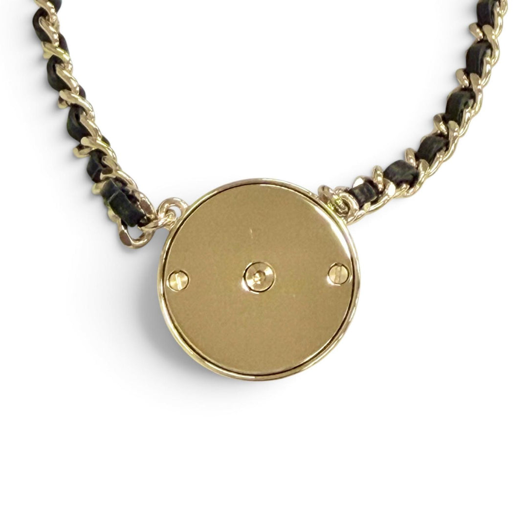 Great CHANEL Necklace COCO Mark Camellia Leather Chain gold leather Women B25A