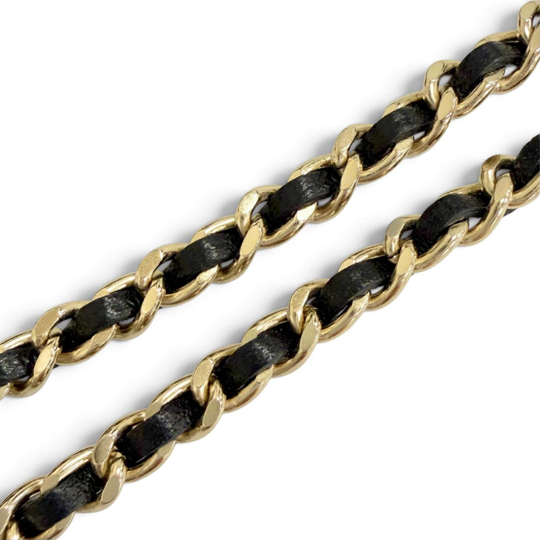 Great CHANEL Necklace COCO Mark Camellia Leather Chain gold leather Women B25A