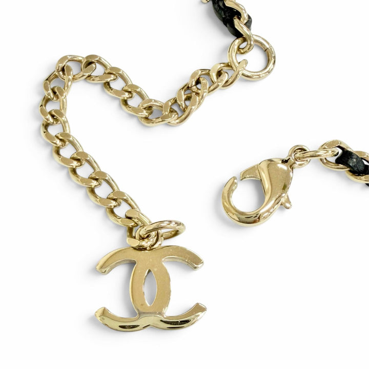 Great CHANEL Necklace COCO Mark Camellia Leather Chain gold leather Women B25A