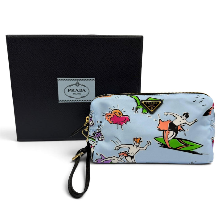 Excellent PRADA Pouch Triangle logo Re-Nylon surf print wristlet included 1NS693