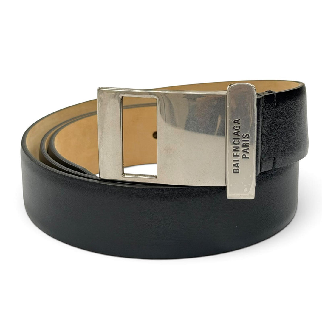 Excellent BALENCIAGA belt Clip logo buckle black leather mens 788012