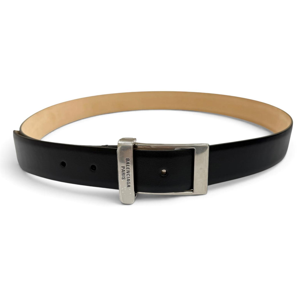 Excellent BALENCIAGA belt Clip logo buckle black leather mens 788012