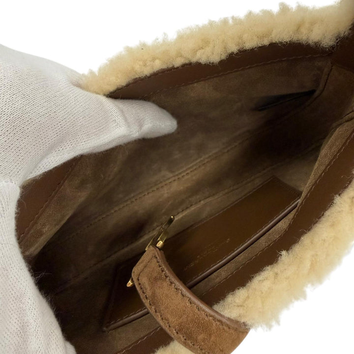 Pristine SAINT LAURENT PARIS Handbag LE 5 7 Mini Hobo Boa beige Mouton 760375