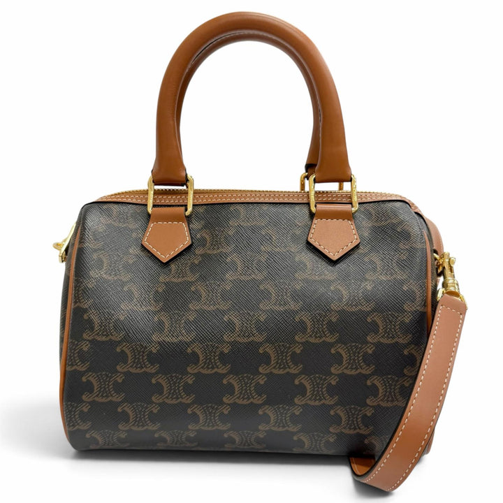 Pristine CELINE Shoulder Bag Small Boston 2-Way Handbag Brown Triomphe 11377