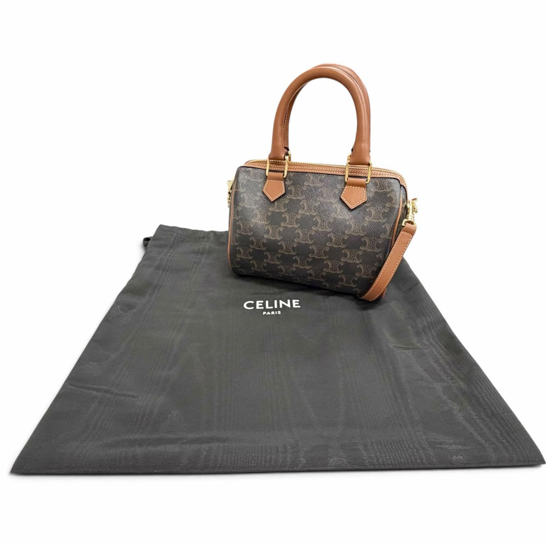 Pristine CELINE Shoulder Bag Small Boston 2-Way Handbag Brown Triomphe 11377