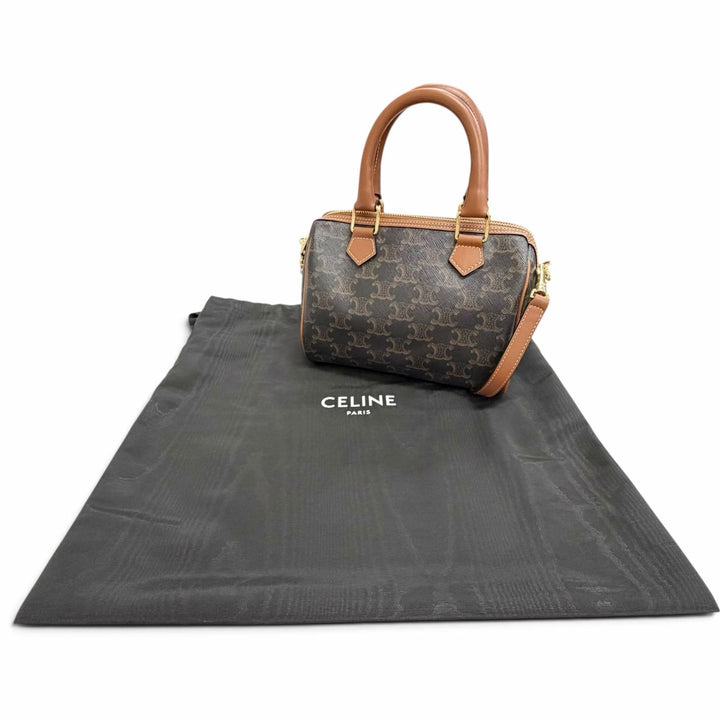 Pristine CELINE Shoulder Bag Small Boston 2-Way Handbag Brown Triomphe 11377