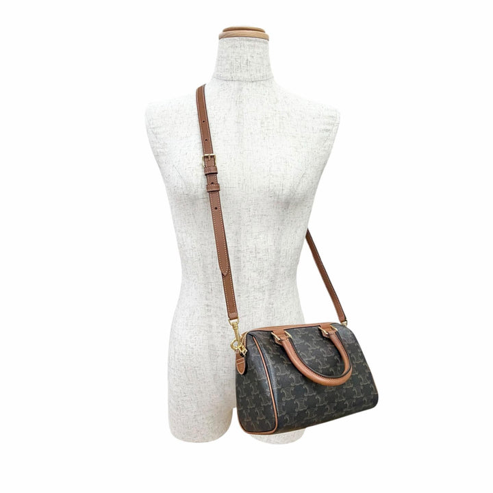 Pristine CELINE Shoulder Bag Small Boston 2-Way Handbag Brown Triomphe 11377