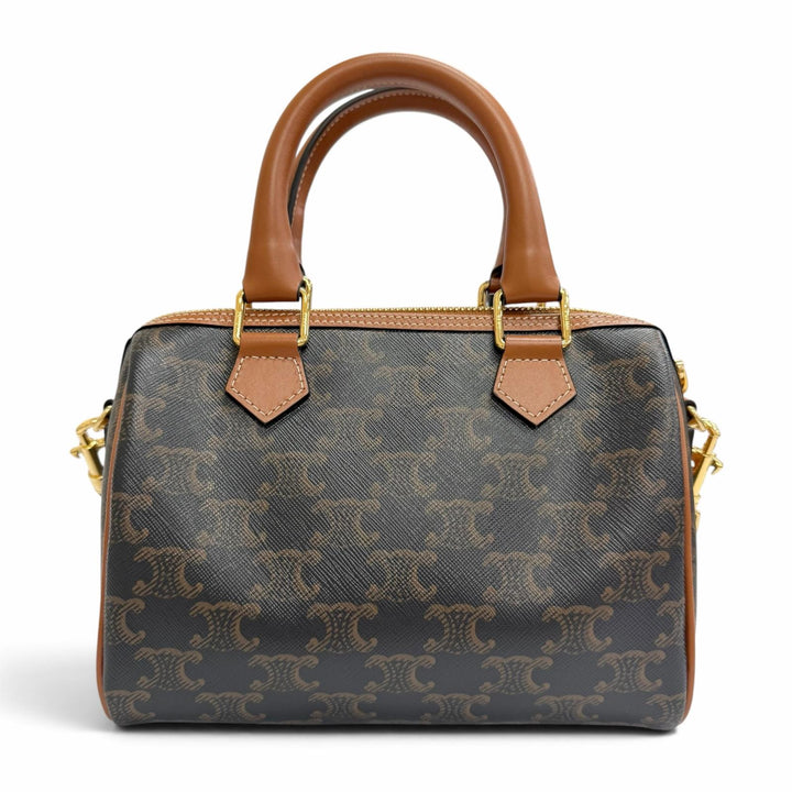 Pristine CELINE Shoulder Bag Small Boston 2-Way Handbag Brown Triomphe 11377