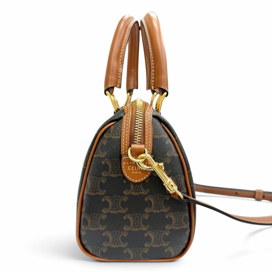 Pristine CELINE Shoulder Bag Small Boston 2-Way Handbag Brown Triomphe 11377