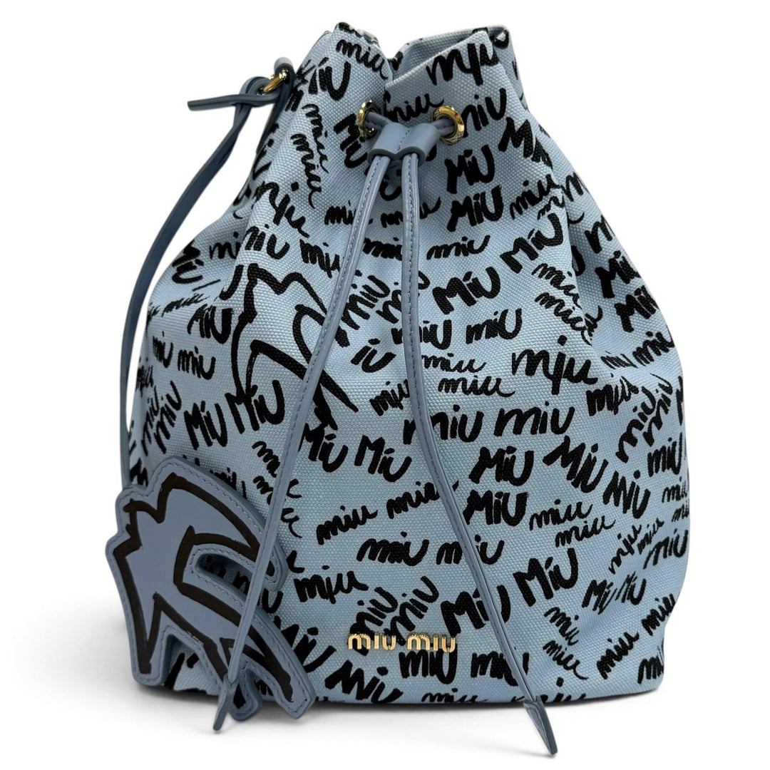 Great MIUMIU Logo print bird motif drawstring bag Light blue cotton 5RM008