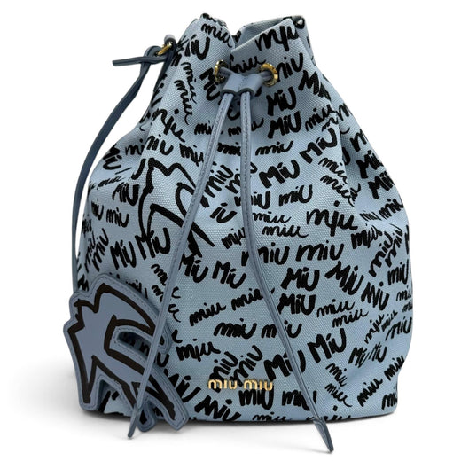 Great MIUMIU Logo print bird motif drawstring bag Light blue cotton 5RM008