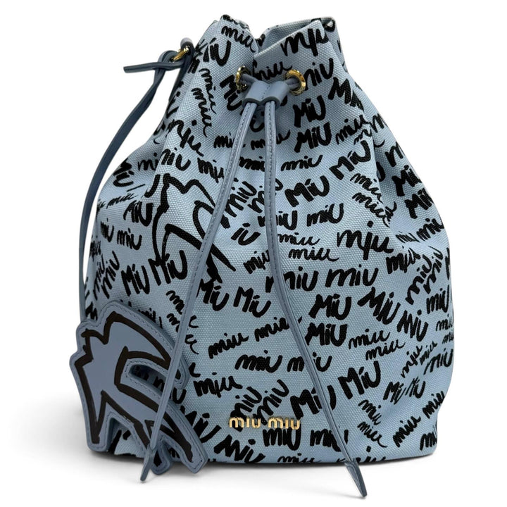 Great MIUMIU Logo print bird motif drawstring bag Light blue cotton 5RM008