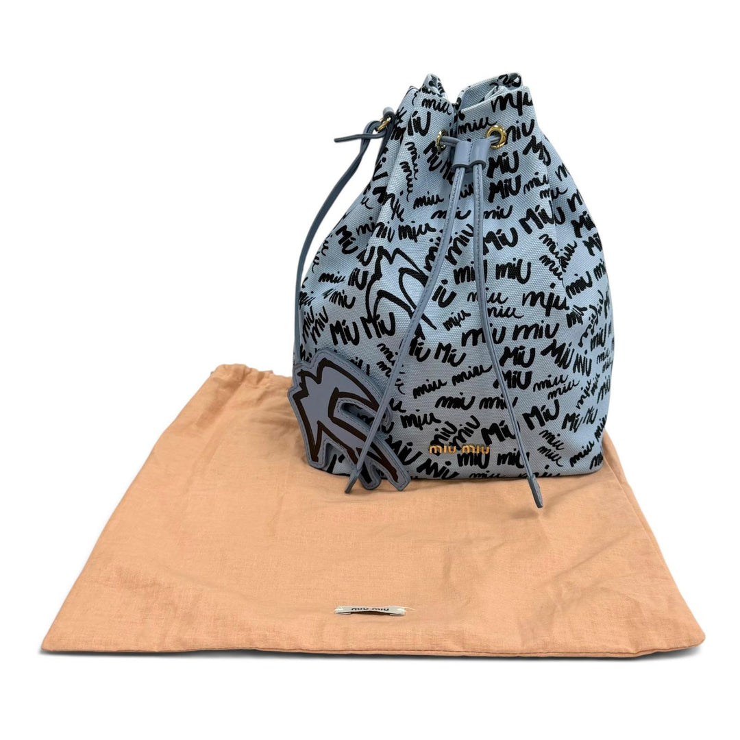 Great MIUMIU Logo print bird motif drawstring bag Light blue cotton 5RM008