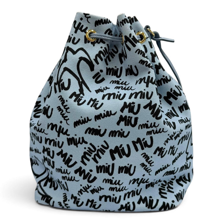 Great MIUMIU Logo print bird motif drawstring bag Light blue cotton 5RM008