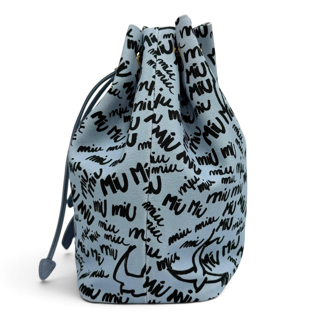 Great MIUMIU Logo print bird motif drawstring bag Light blue cotton 5RM008