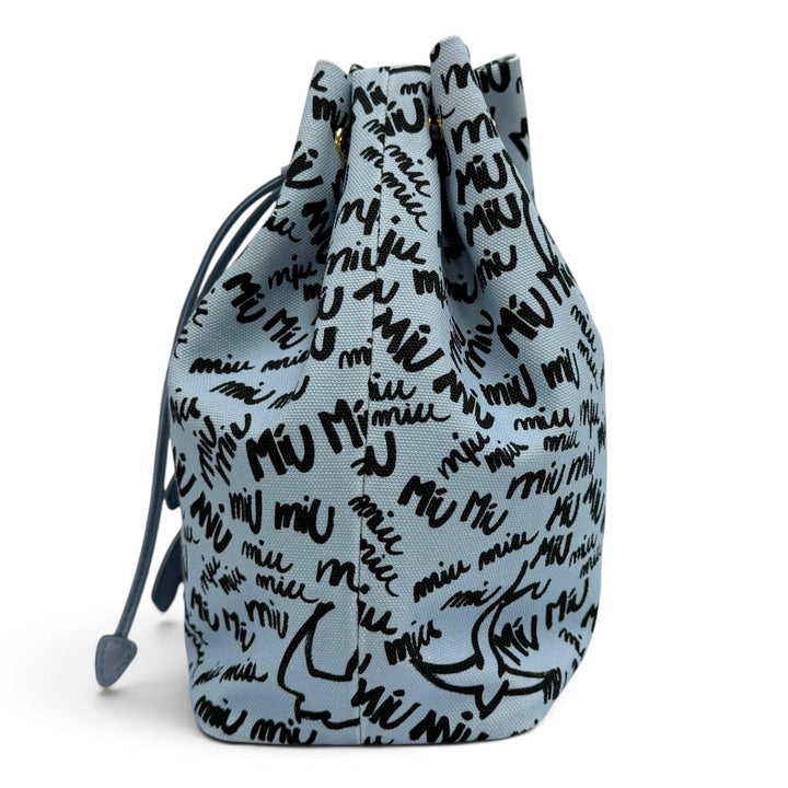 Great MIUMIU Logo print bird motif drawstring bag Light blue cotton 5RM008