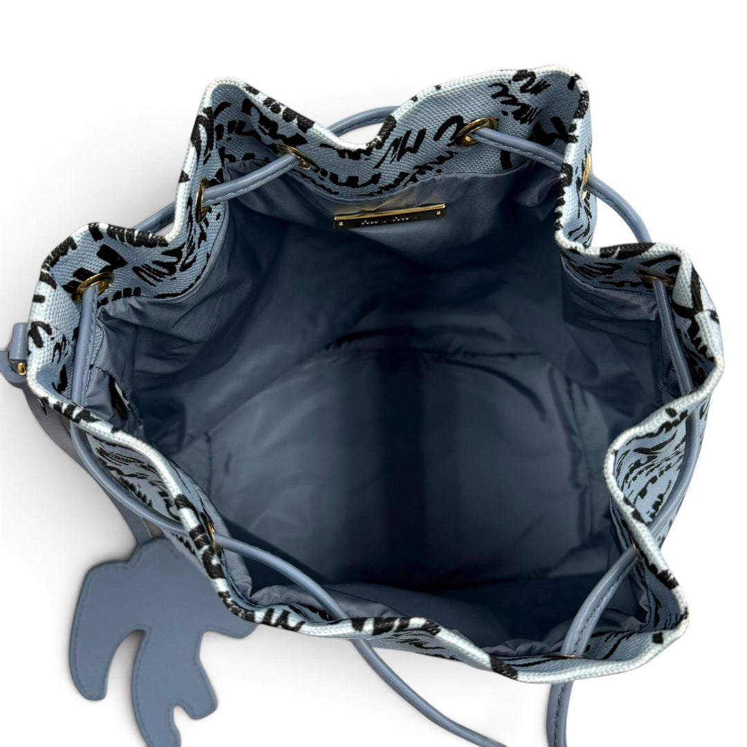 Great MIUMIU Logo print bird motif drawstring bag Light blue cotton 5RM008