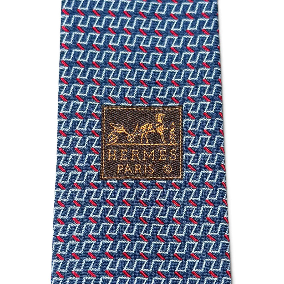 Excellent HERMES tie Geometric H pattern blue silk mens 65922ST