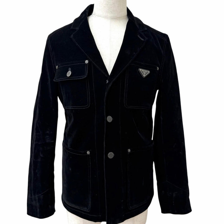 Great PRADA Jacket Triangle logo, triangular plate, velvet black cotton mens 46