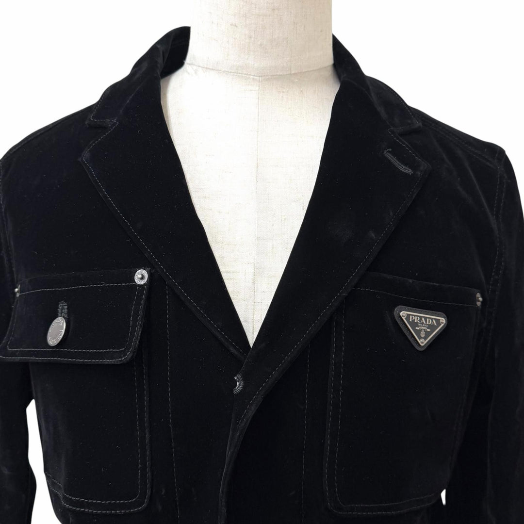 Great PRADA Jacket Triangle logo, triangular plate, velvet black cotton mens 46