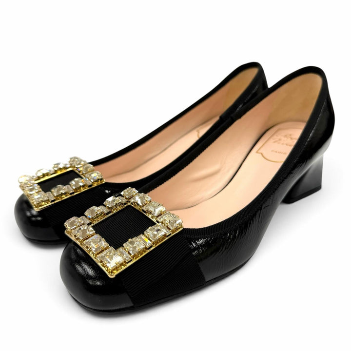 Excellent ROGER VIVIER pumps Tres Vivier Strass buckle leather black 36.5