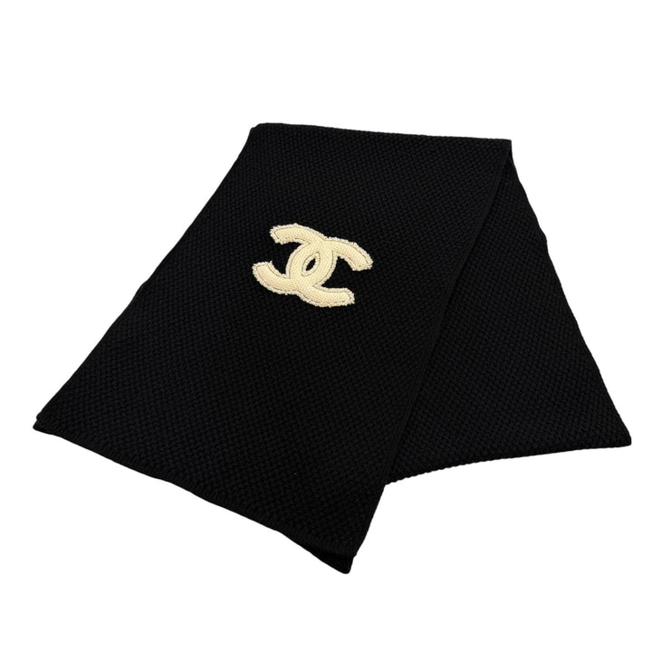 Great CHANEL Scarf COCO Mark knit black cashmere Women 18B