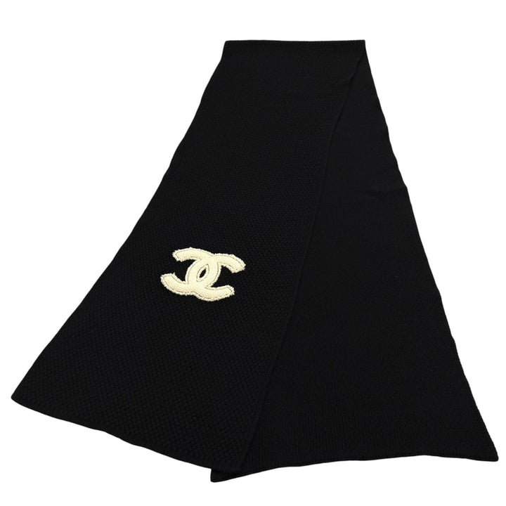 Great CHANEL Scarf COCO Mark knit black cashmere Women 18B
