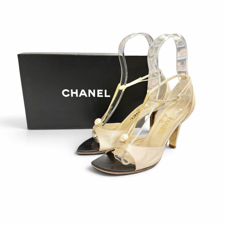 Great CHANEL Sandals COCO Mark Logo Eco Pearl Ankle Strap Open Toe Shoes 35.5