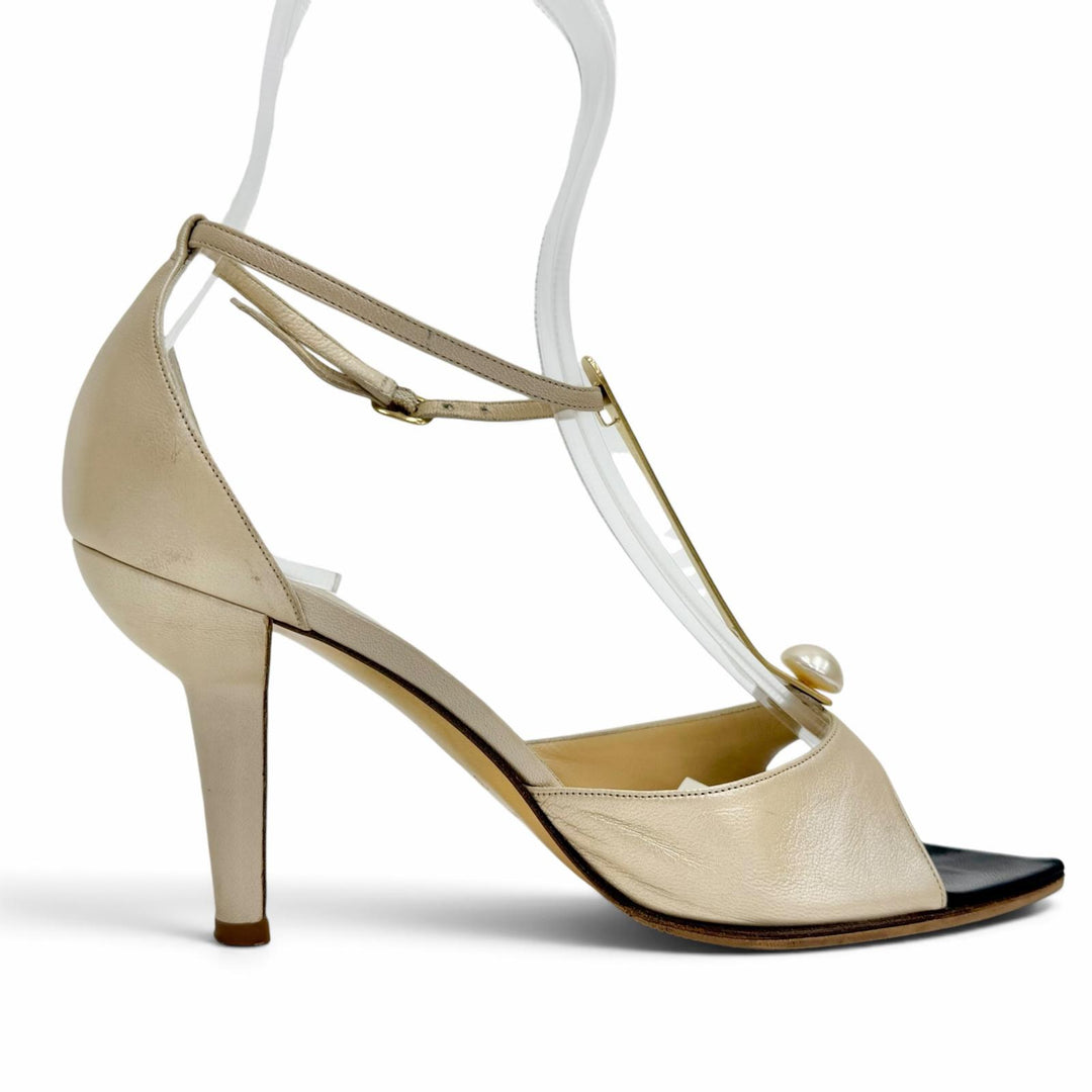 Great CHANEL Sandals COCO Mark Logo Eco Pearl Ankle Strap Open Toe Shoes 35.5
